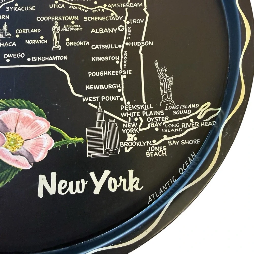 Vintage Mid Century New York Map Metal Souvenir  Cocktail Tray Wild Rose 11